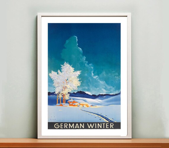 German Winter Snowy Forest Moonlit Night Vintage Travel Poster