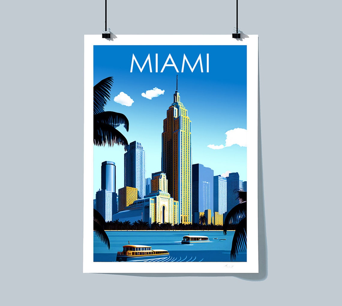Miami Florida Skyline Palms Art Deco Style Vintage City Travel Poster - Image 3