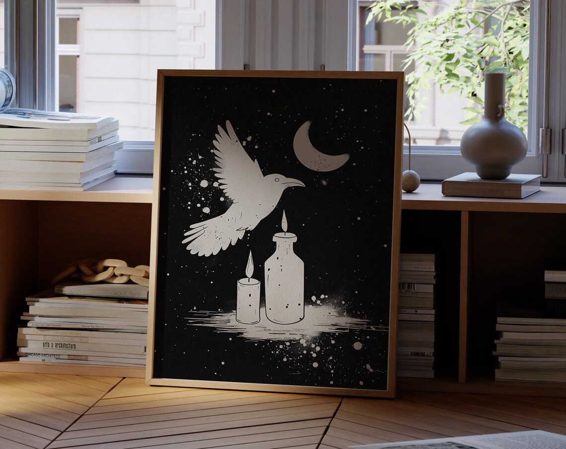 White Raven Flying Over Candles Under Crescent Moon Night Wall Art