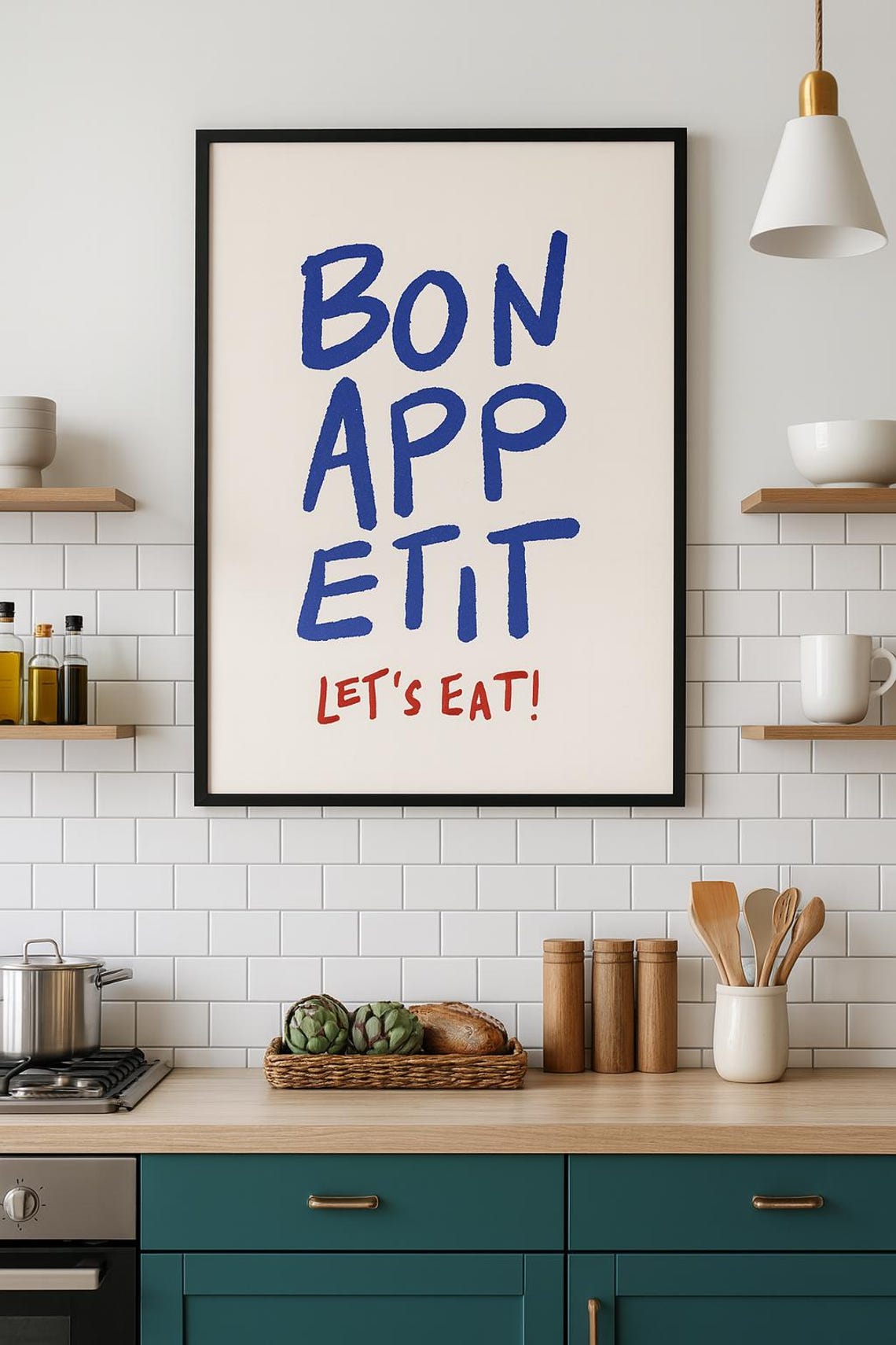 Bon Appetit Let's Eat Blue Typography French Kitchen Art Poster
