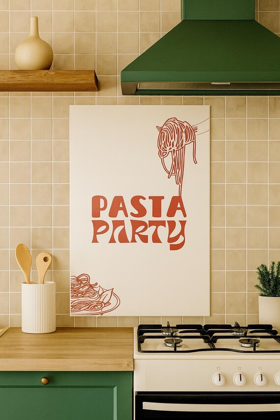 Pasta Party Spaghetti Italian Mid Century Kitchen Wall Decor Poster