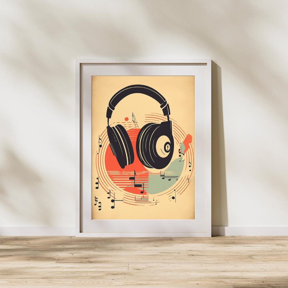 Retro Headphones Vinyl Record Music Notes Vintage Style Poster