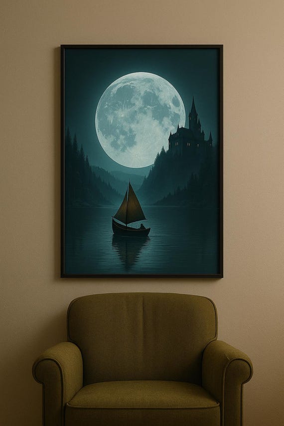 Moonlit Castle Wall Art Fantasy Boat Poster Gothic Night Landscape Print Full Moon Lake Artwork Dark Magical Home Decor