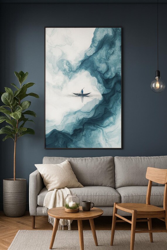 Small Lone Boat on Blue Ink Wash Ocean Waves Serenity Poster