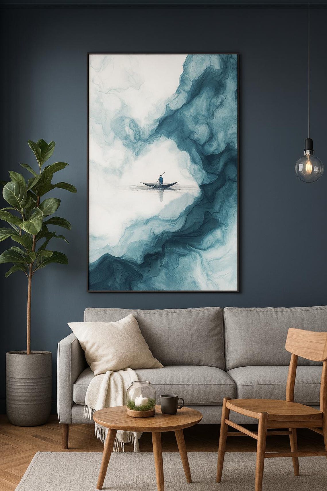Small Lone Boat on Blue Ink Wash Ocean Waves Serenity Poster