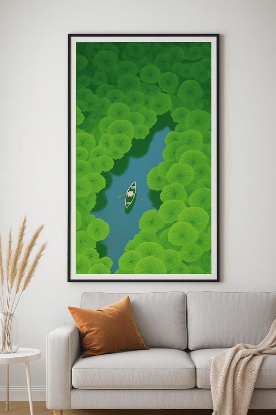 Nature Rowing Boat Wall Art Aerial River Print With Lily Pads Green Botanical Poster Tranquil Canoe Minimalist Decor