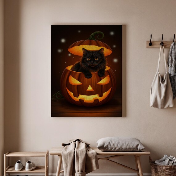 Halloween Cat In Pumpkin Canvas Spooky Black And Jackolantern Animal Art For Fall Decor Home