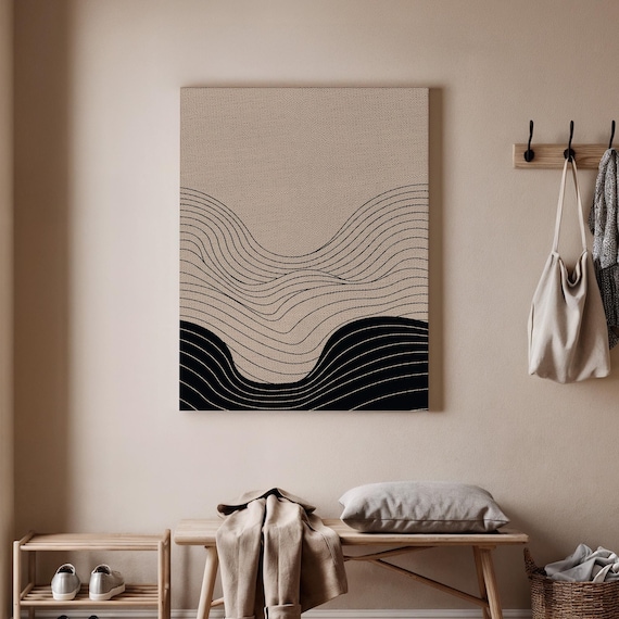 Minimalist Black Line Wave Art Abstract Geometric Beige Wall Poster
