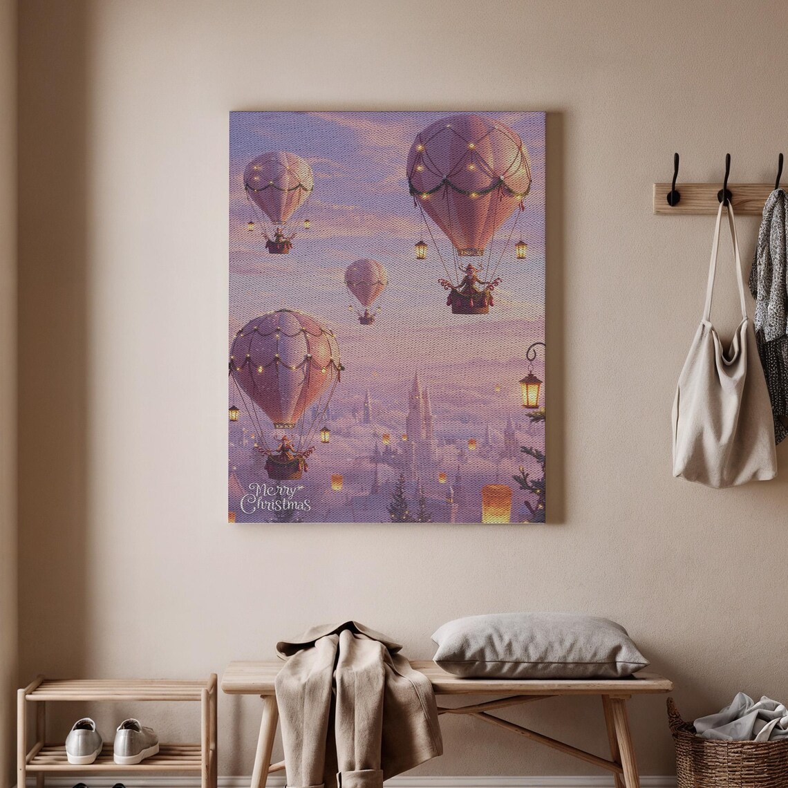 Merry Christmas Hot Air Balloons Winter City Sky Night Holiday Poster
