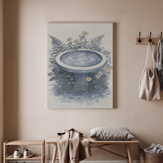 Botanical Birdbath Art Print Nature Wall Decor Floral Garden Poster Watercolor Canvas Serene Outdoor Inspired