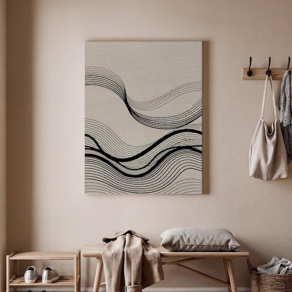 Framed Black White Wave Art Canvas Print Abstract Line Drawing Poster Modern Geometric Wall For Home Or Office Decor