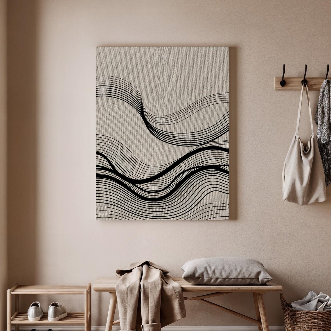 Framed Black White Wave Art Canvas Print Abstract Line Drawing Poster Modern Geometric Wall For Home Or Office Decor