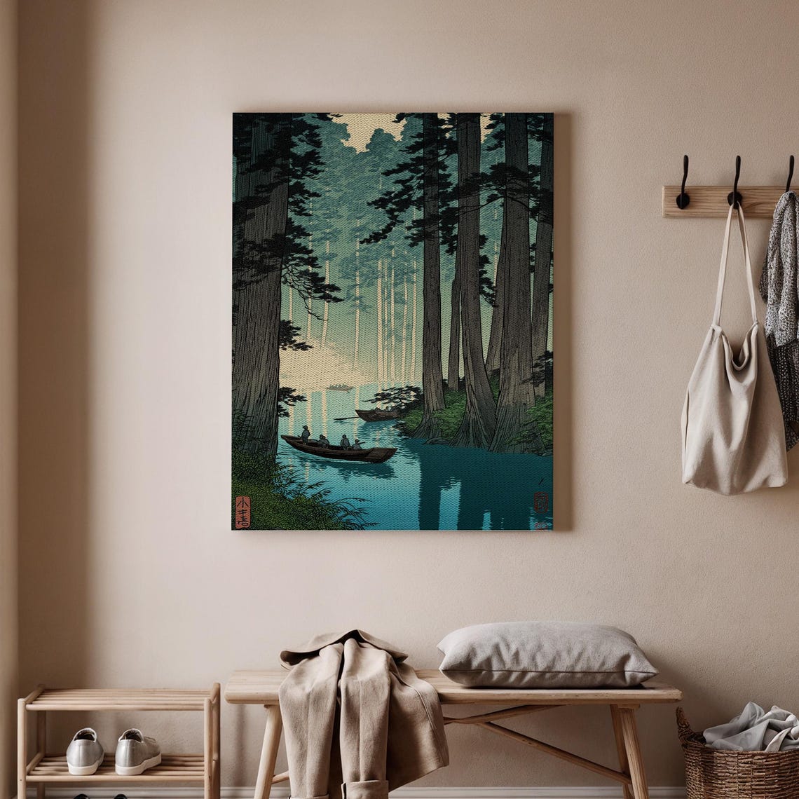 Japanese Woodblock Style Boats Misty Forest Waterway Art Print