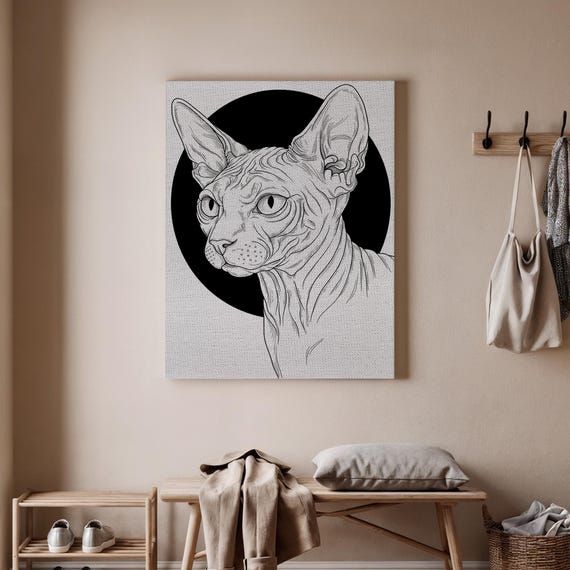 Sphynx Cat Canvas Art Minimalist Print Black And White Drawing Modern Pet Artwork Abstract Illustration Decor