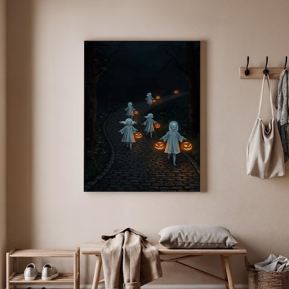 Children Halloween Canvas Art Spooky Kids With Pumpkin Lanterns Haunted Pathway Wall Decor Creepy Autumn Night Print