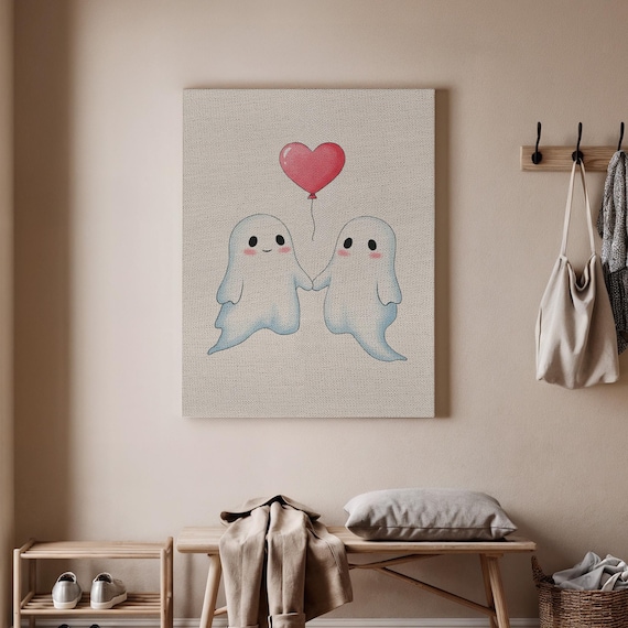 Cute Couple Canvas Art Halloween Love Wall Decor Adorable Spooky Heart Balloon Painting Romantic For Bedroom