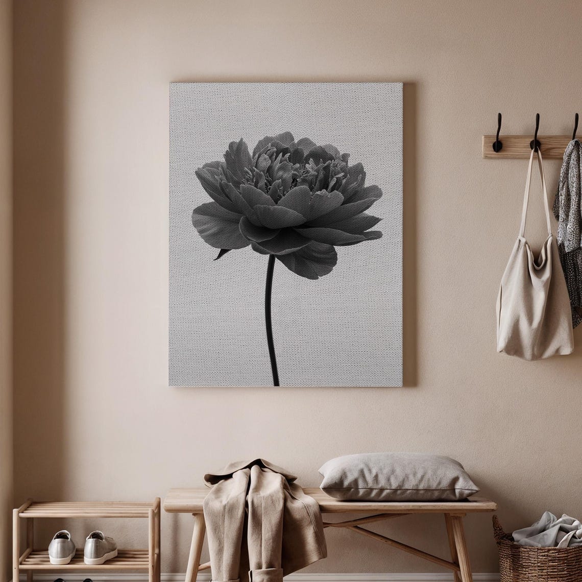 Black and White Peony Flower Minimalist Botanical Art Poster