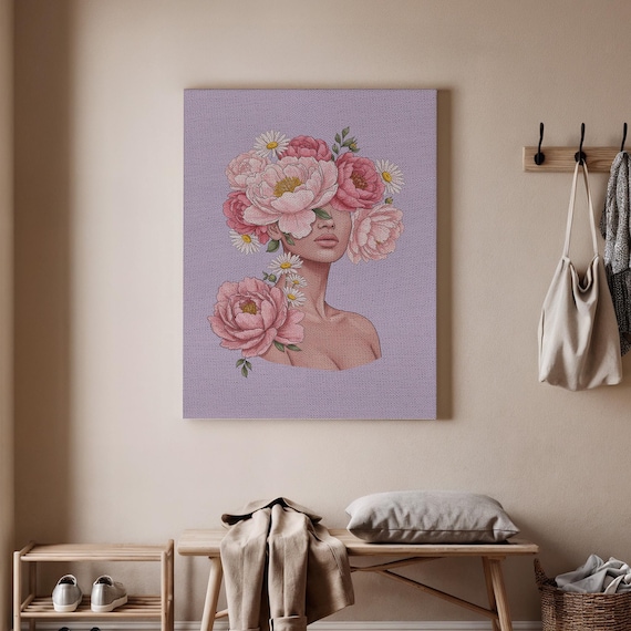 Floral Woman Canvas Wall Art Modern Botanical Portrait Print Feminine Flower Poster Elegant Bloom Home Decor