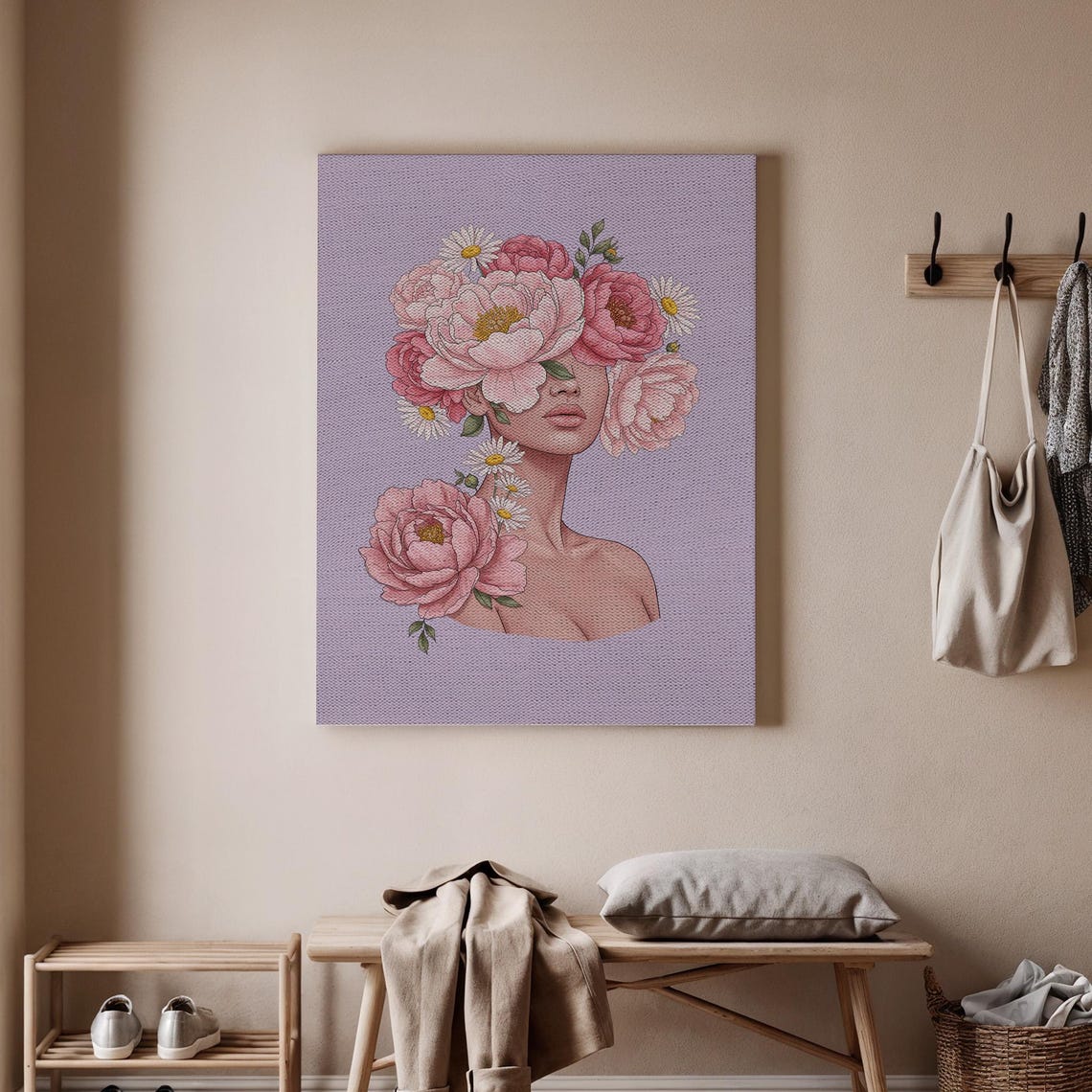 Floral Woman Portrait Pink Peonies Daisies Lavender Botanical Poster
