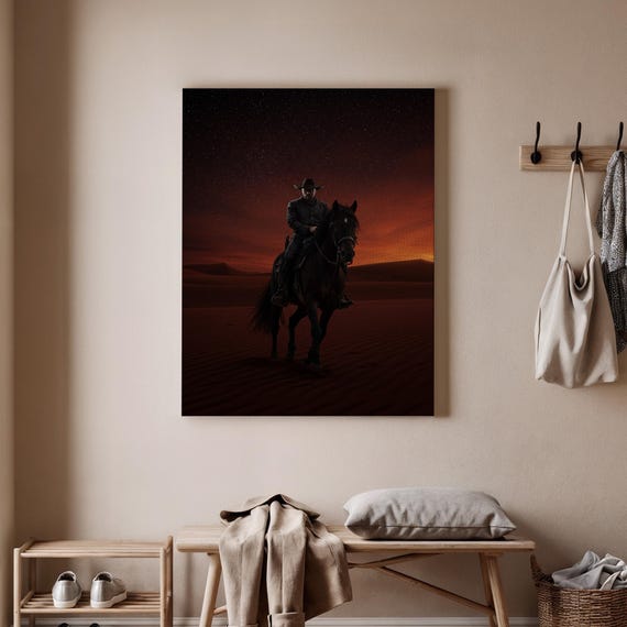 Western Cowboy Canvas Print On Horseback Wall Art Desert Landscape Poster Vintage Wild West Artwork For Living Room Or Office