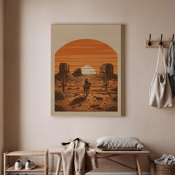 Western Cowboy Sunset Canvas Desert Rider Wall Art Rustic Landscape Poster Southwestern Print Vintage Style Decor