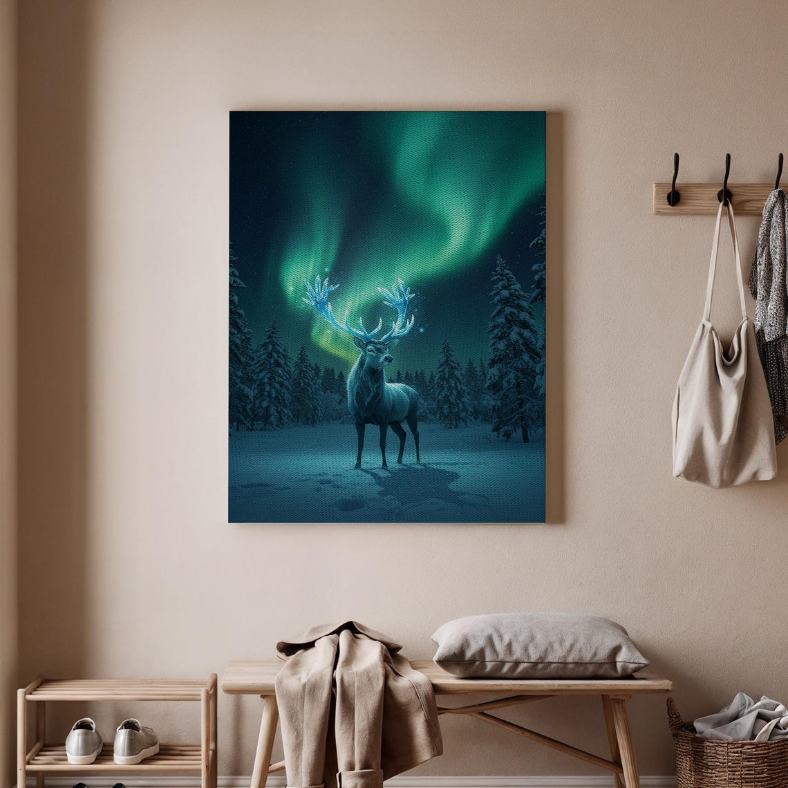 Reindeer Under Northern Lights Aurora Winter Night Scene Poster