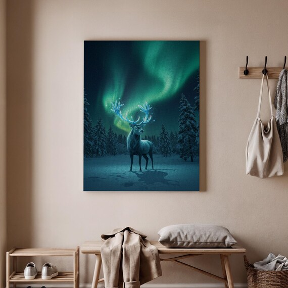 Reindeer Under Northern Lights Aurora Winter Night Scene Poster