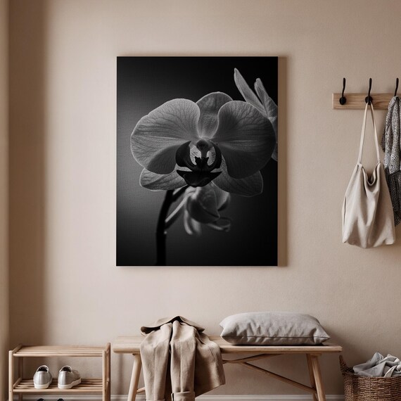Black And White Orchid Canvas Art Minimalist Floral Print Elegant Wall Decor Modern Botanical Artwork For Living Room Or Bedroom