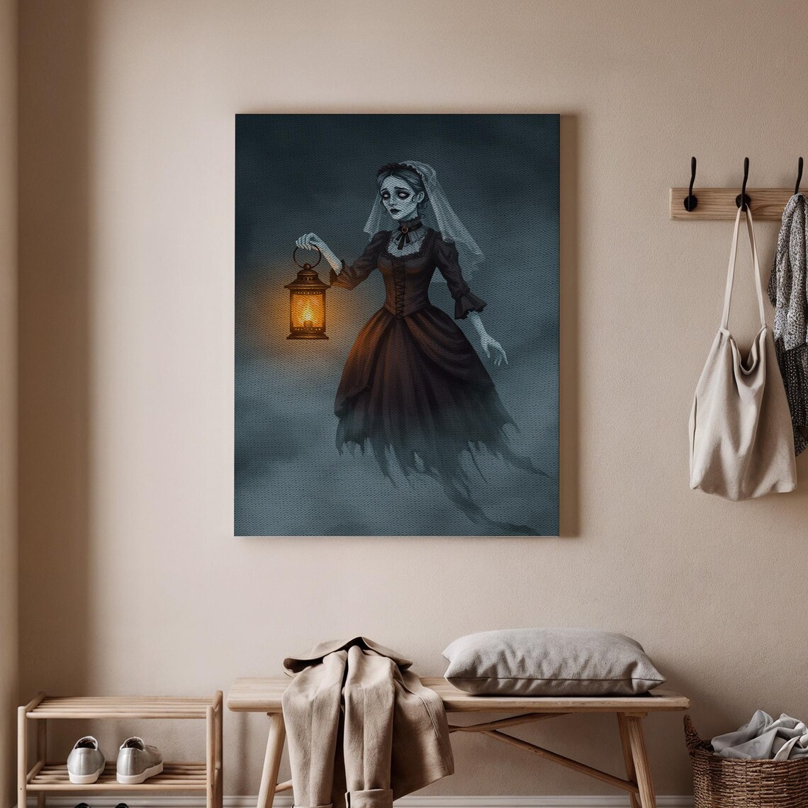 Bride Halloween Canvas Wall Art Haunted With Lantern Spooky Ghostly Wedding For Decor And Home