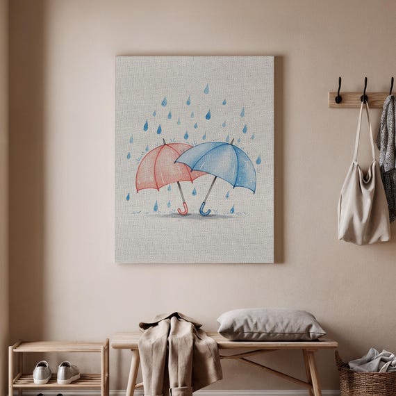 Romantic Umbrella Couple Canvas Art Cute Rainy Day Wall Decor Blue And Pink Umbrellas Illustration Whimsical Love