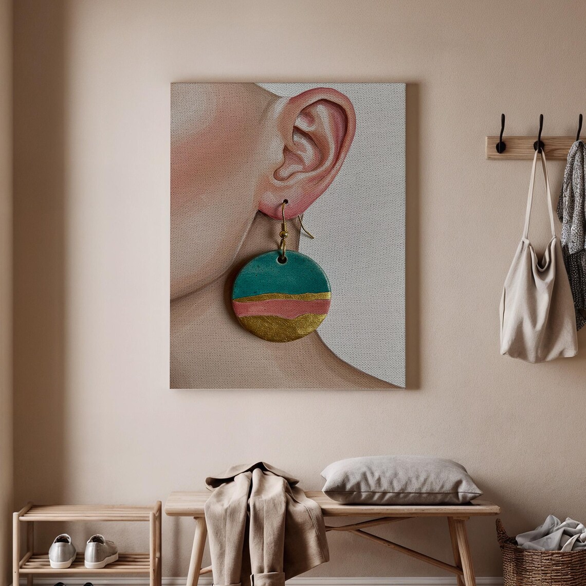 Handmade Clay Earrings Art Abstract Jewelry Poster Boho Print Unique Decor Colorful