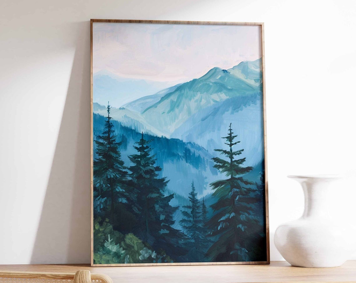 Blue Mountain Dusk Mist Evergreen Pine Forest Calm Nature Print