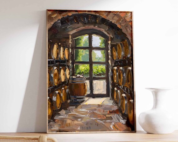 Wine Cellar Arched Window Art Poster Barrels Sunlit Interior Scene