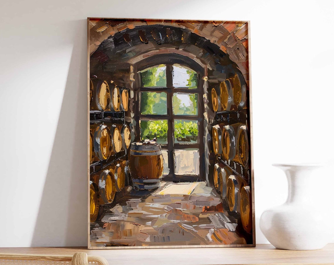 Wine Cellar Arched Window Art Poster Barrels Sunlit Interior Scene