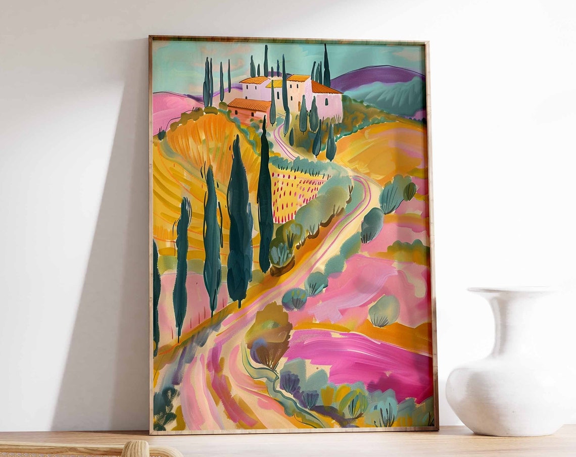 Tuscan Hilltop Villa Cypress Trees Golden Landscape Art Print