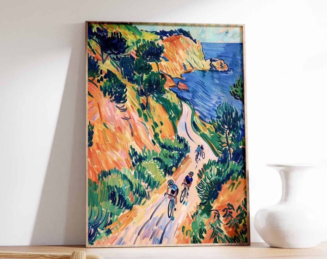 Cyclists on Bold Cliffside Road Above Blue Sea Expressionist Poster
