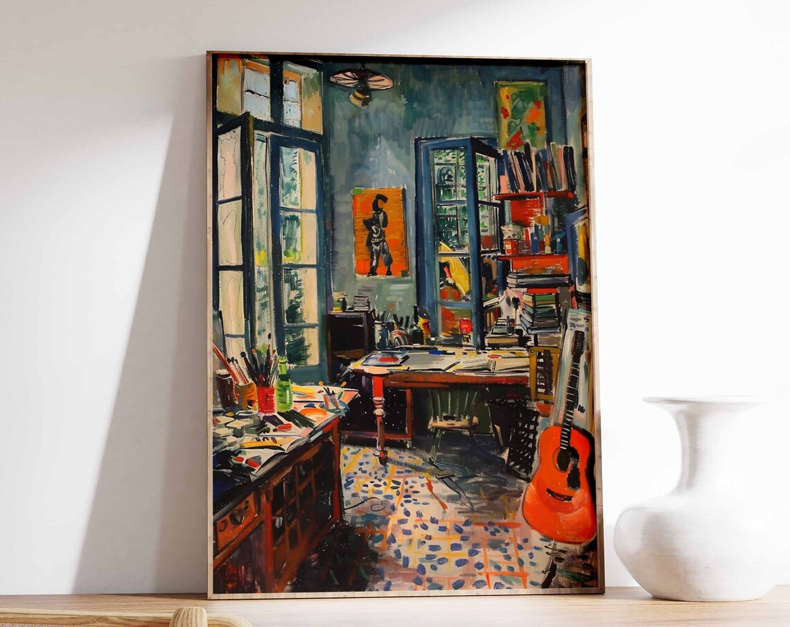 Artist Studio with Acoustic Guitar by French Doors Tile Floor Poster