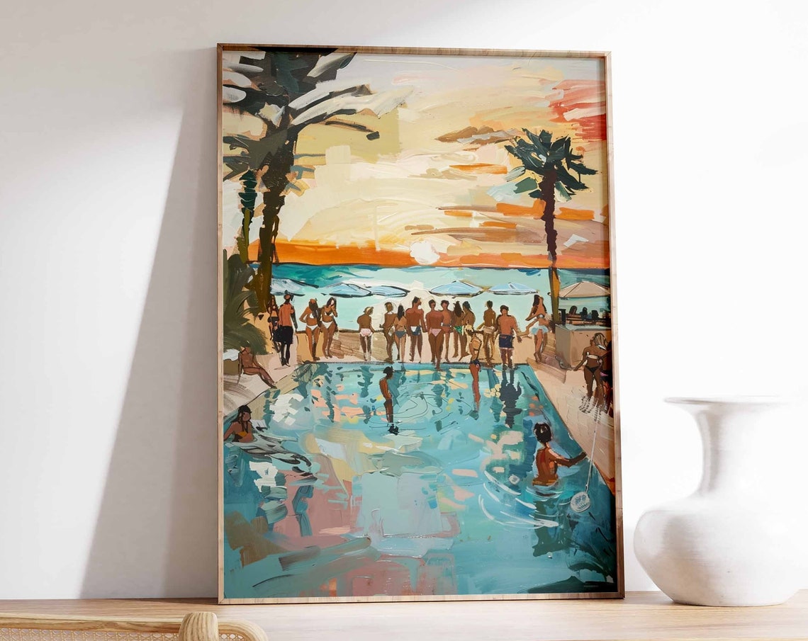 Beach Pool Party Crowd Palm Trees Ocean Sunset Swim Art Poster