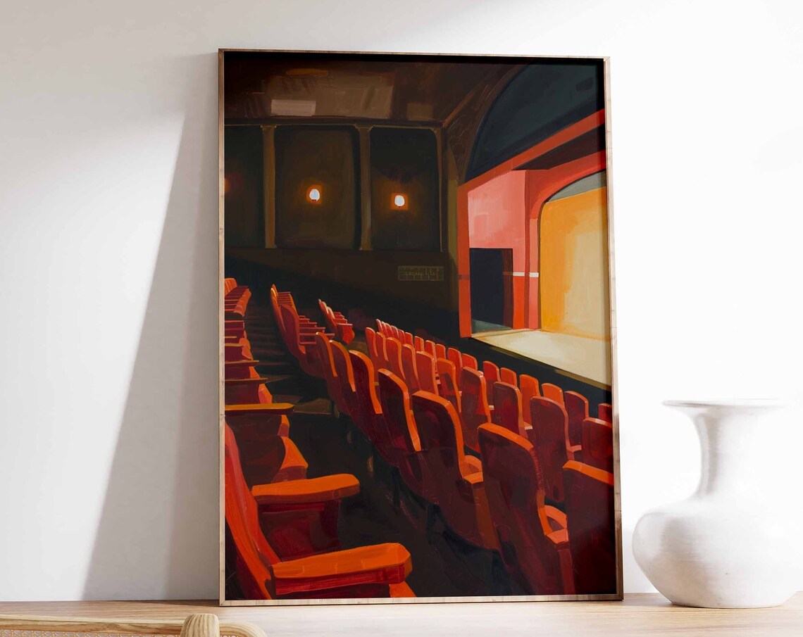 Moody Vintage Cinema Interior Red Seats Warm Stage Light Art Poster