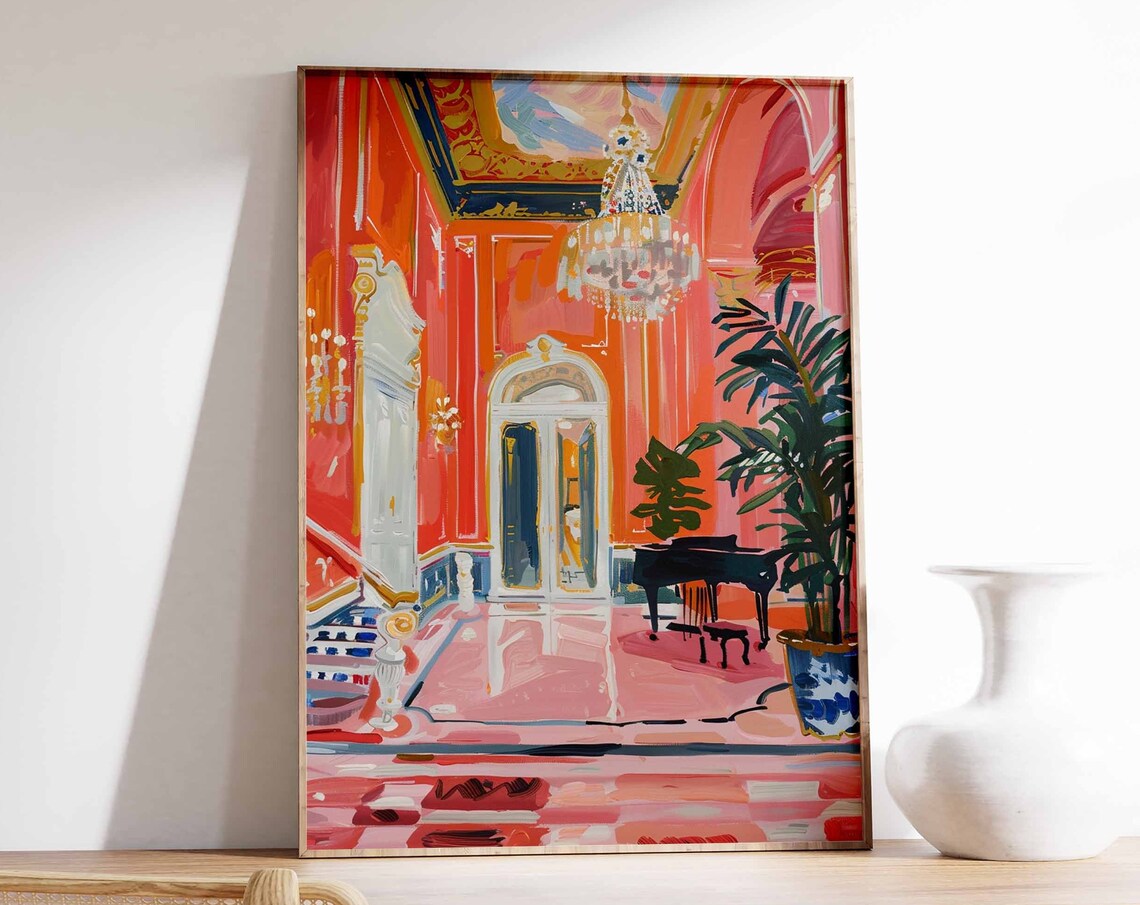 Red Salon Grand Piano Chandelier Elegant Interior Art Poster