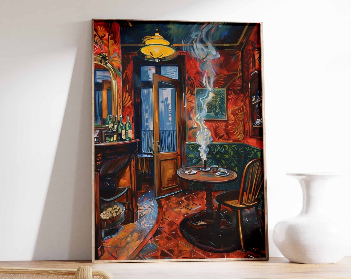 Red Smoke Room Bar Bottles Candle Table Moody Cigar Art Poster