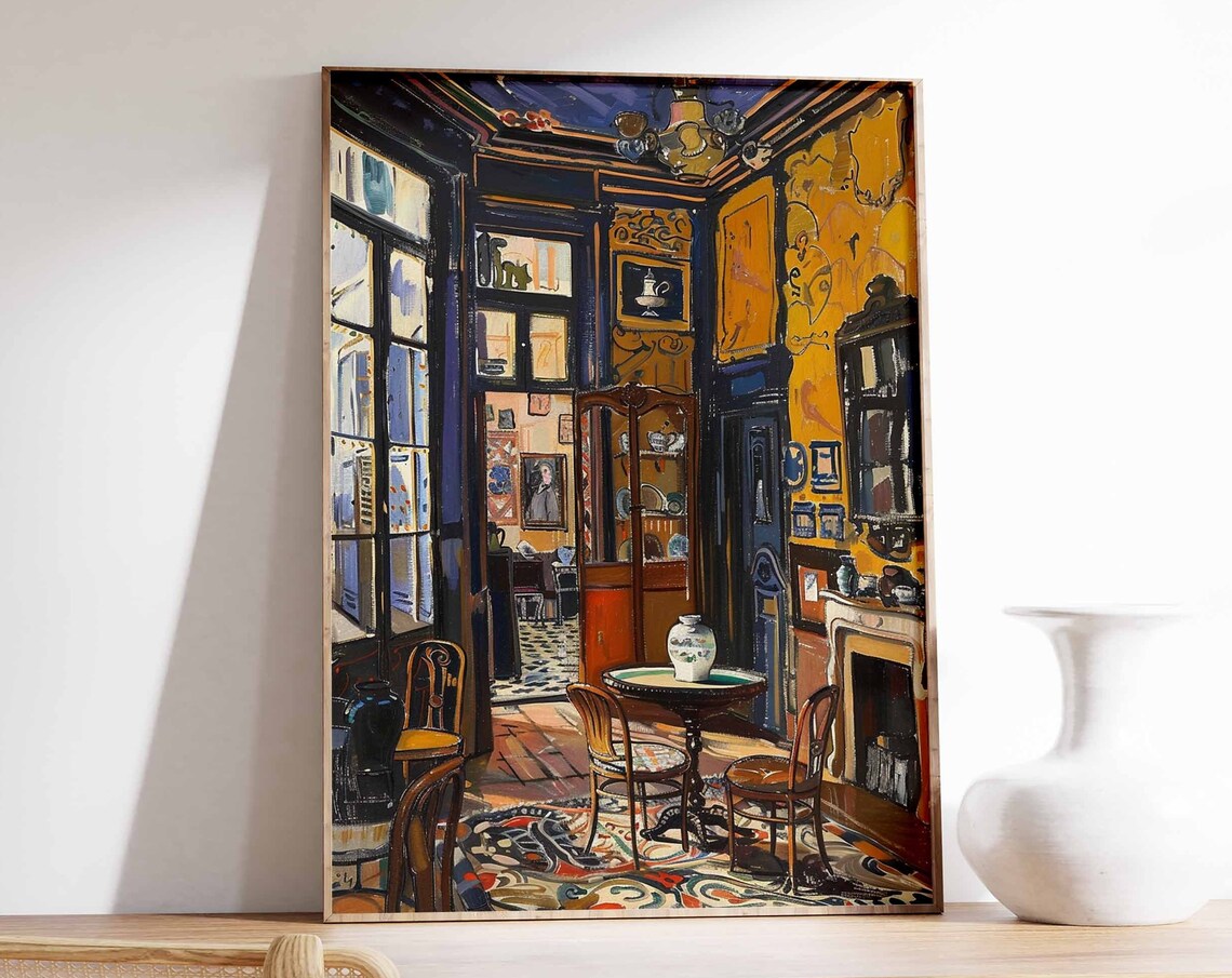 Blue And Gold Dining Room Fireplace Chairs Elegant Vintage Print