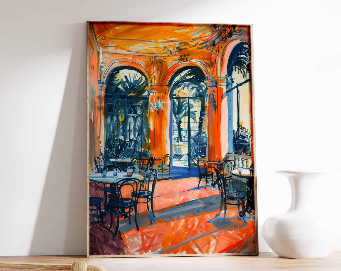 Orange and Blue Casino Terrace Arched Windows Bold Art Poster