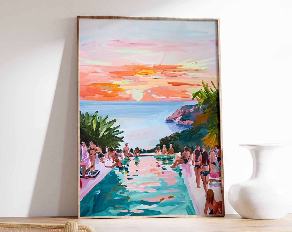 Pink Sunset Pool Party Crowd Infinity Pool Sea View Art Poster