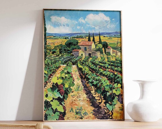 Vineyard Farmhouse Art Poster Red Grape Vines Summer Harvest Scene