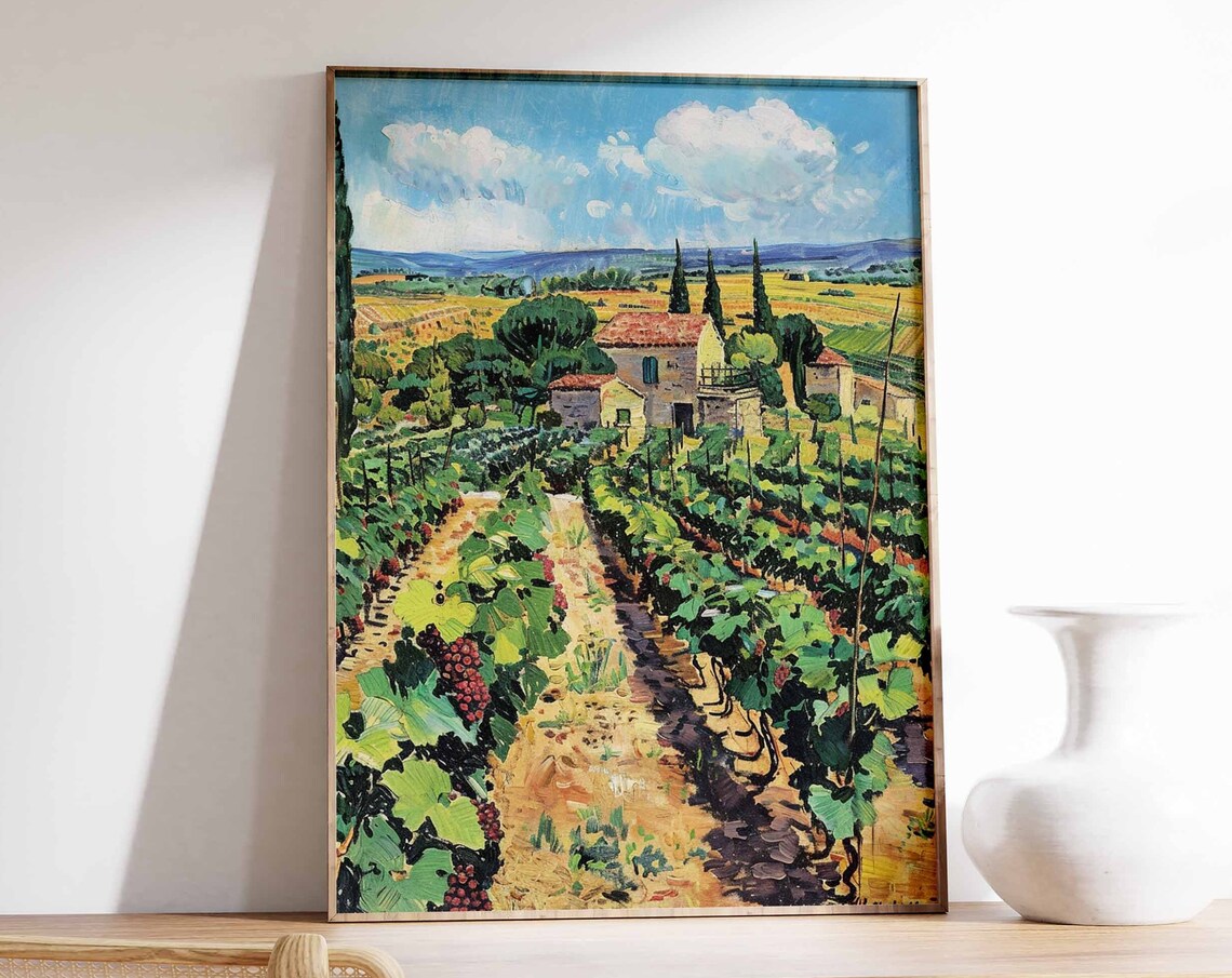 Vineyard Farmhouse Art Poster Red Grape Vines Summer Harvest Scene