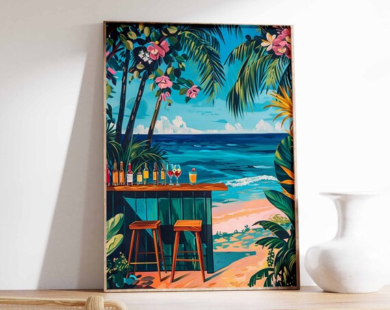 Tropical Tiki Beach Bar Hibiscus Flowers Wooden Counter Ocean View Poster