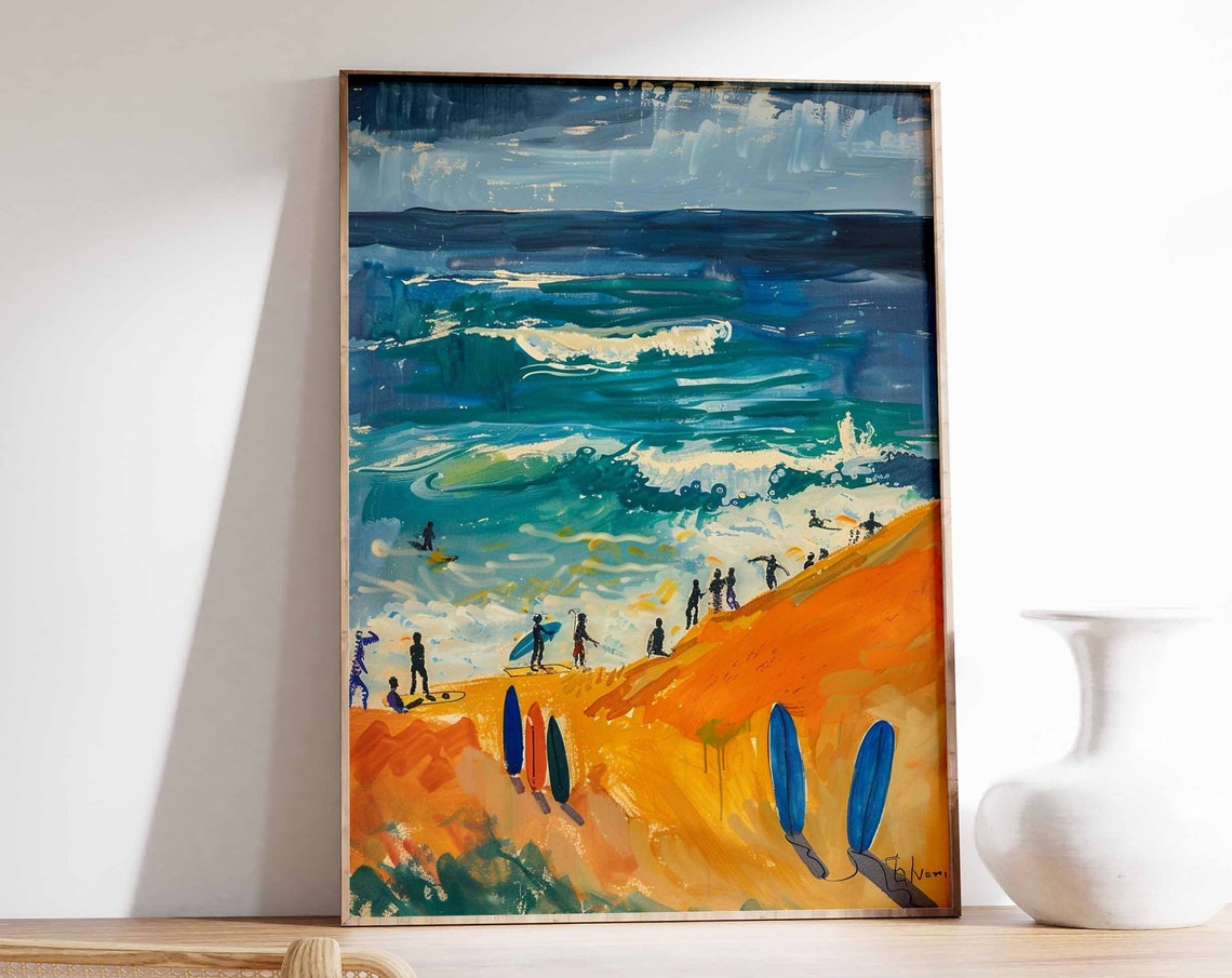 Surfers Golden Cliff Beach Waves Boards Coastal Scene Wall Art