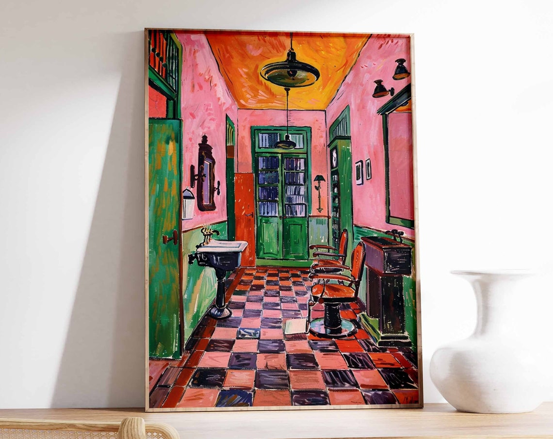 Pink Green Retro Barbershop Checkerboard Salon Interior Poster
