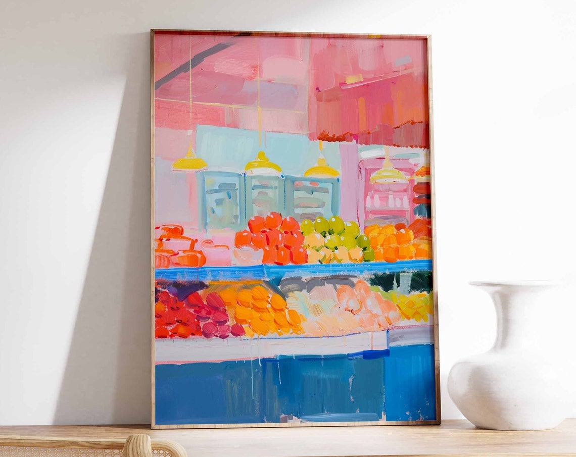 Pink Abstract Fruit Market Impressionist Art Poster for Kitchen
